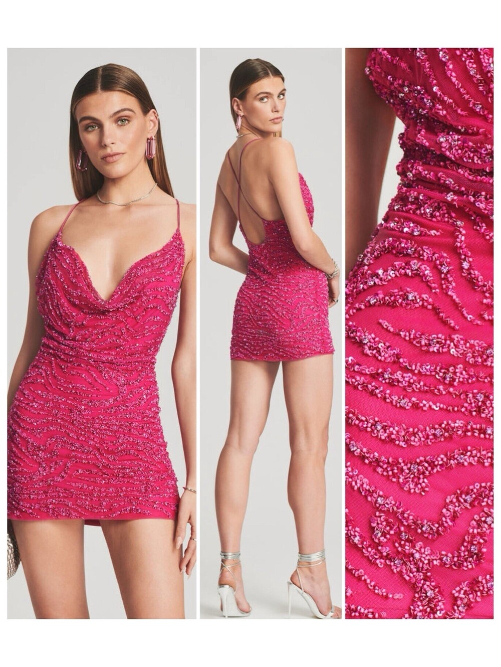 NWT $545 Mich Dress Fuchsia Rose Pink Tiger Stripe Sequin Beaded Mini Medium